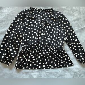 J Crew Women's Black Polka Dot V Neck Peplum Button Up Blouse Size 6